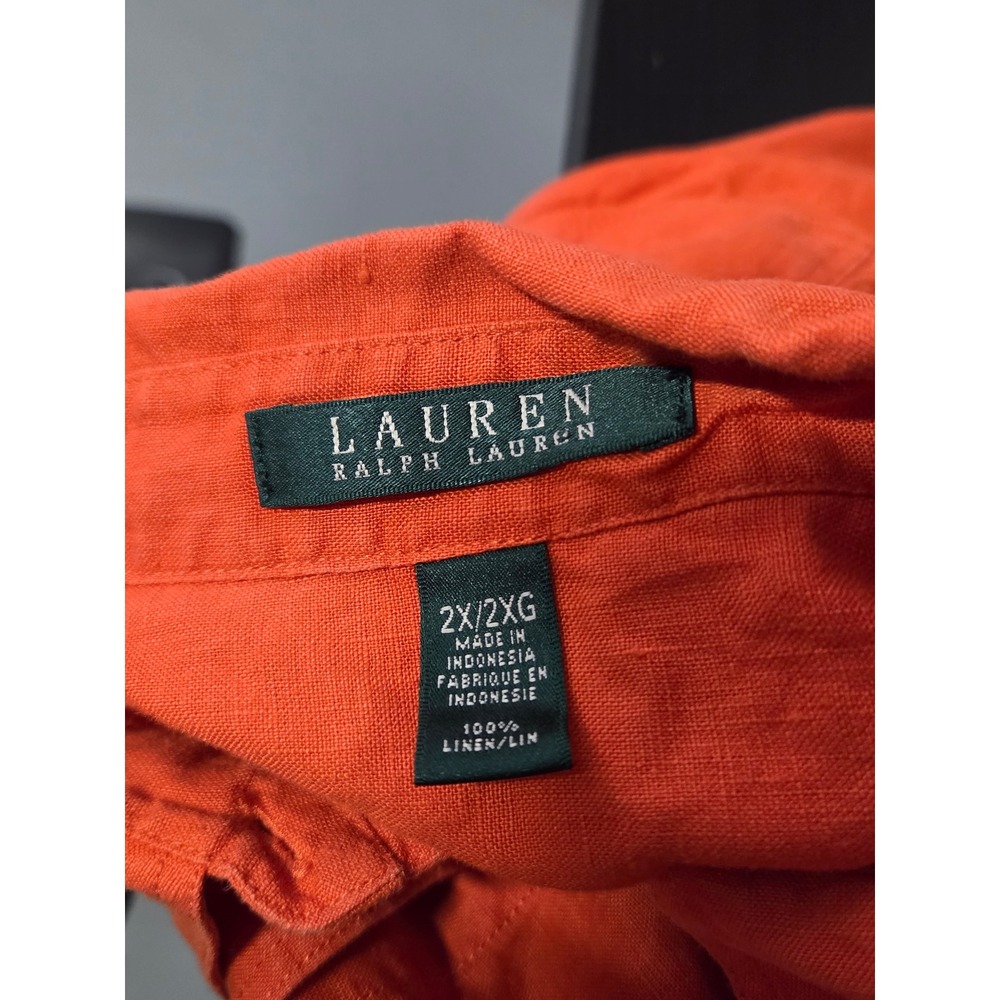 LAUREN Ralph Lauren Linen blouse Women's 2X Orange Roll Sleeve Pockets Button up - Picture 5 of 7